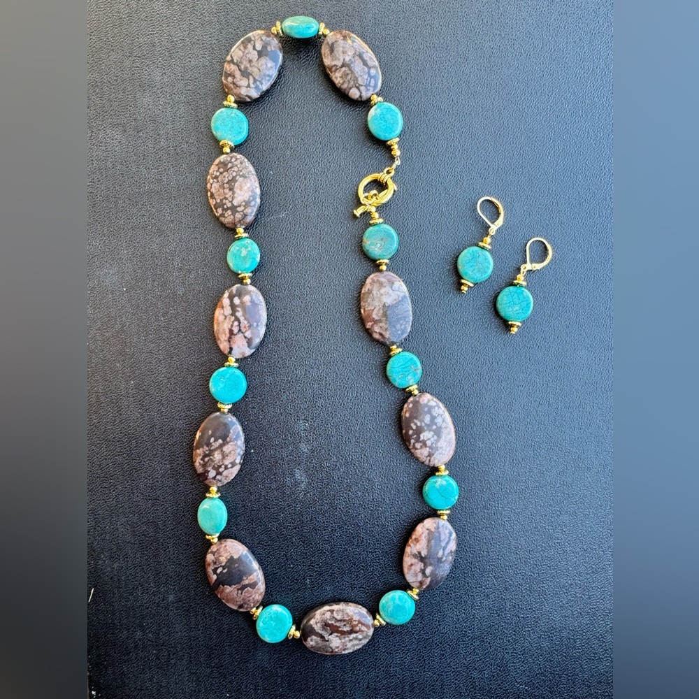 Handmade Cherry Blossom Jasper and Turquoise Howlite Necklace and Earring Set